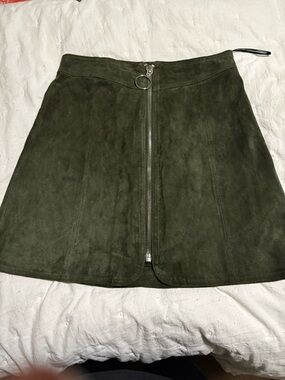 Zara Olive Green Suede Front-Zip Mini Skirt